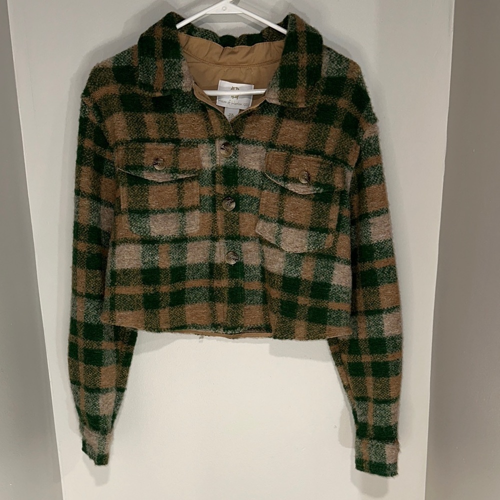 House of Harlow 1960 Green and Brown Plaid Teddy Jacket. Size M.